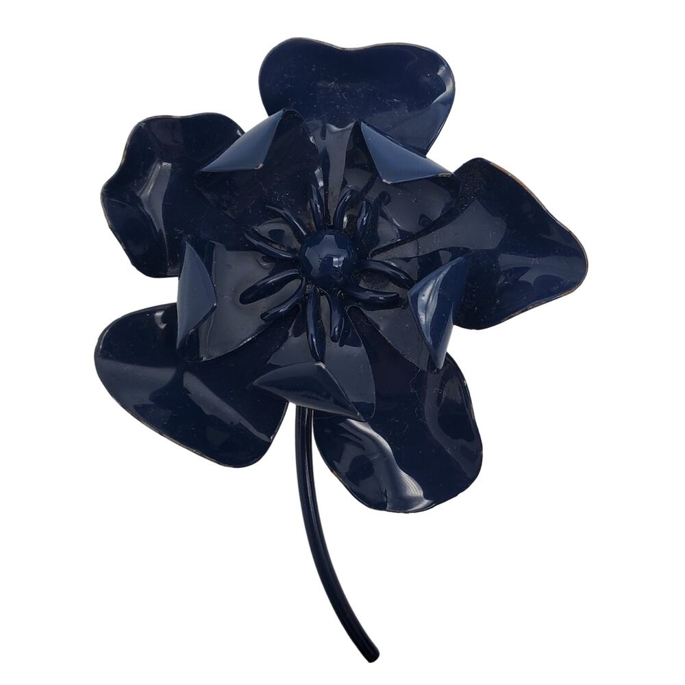Navy Blue Flower Power Brooch Enamel Metal Pin Hippie Boho 1970s Large Statement